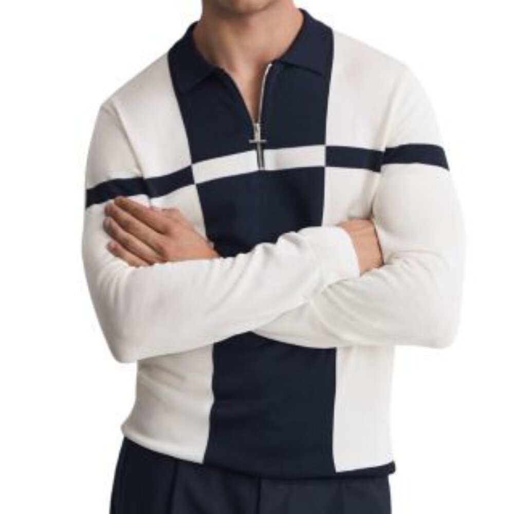 Reiss Colorblock Quarter Zip Sweater Navy Cream Retro Pullover Men’s Large